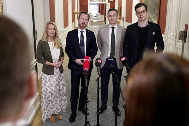 L-R Pernille Vermund (Nye Borgerlige), Jakob Ellemann-Jensen (Liberal), Rasmus Jarlov (Conservative) and Alex Vanopslagh (Liberal Alliance) speak to media on January 25th on a proposal to change Danish work permit rules.
