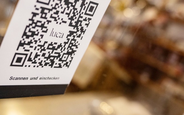 A barcode used for the Luca check-in app to trace possible Covid contacts at a Stuttgart restaurant.