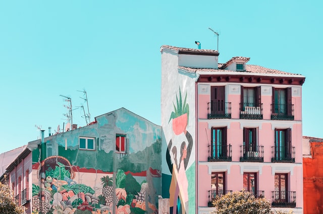 Murals on a building in Madrid, Spain's capital.