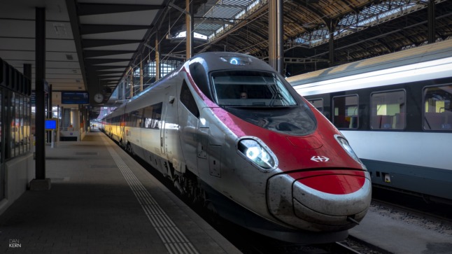 An SBB train sits in the track in Basel, Switzerland