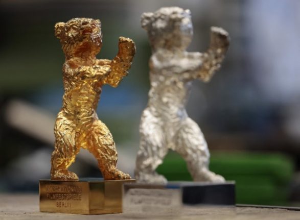 A golden and a silver Berlinale Bear trophy are pictured at the Noack foundry in Berlin