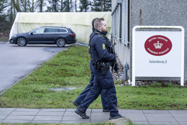 Police officers outside the Roskilde District Court on February 4th. The court convicted three leaders of an Iranian Arab separatist group based in the Scandinavian country of spying for Saudi intelligence between 2012 and 2020.