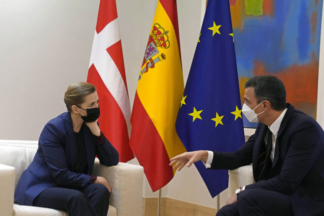 Denmark's Prime Minister Mette Frederiksen and Spain's Premier Pedro Sanchez