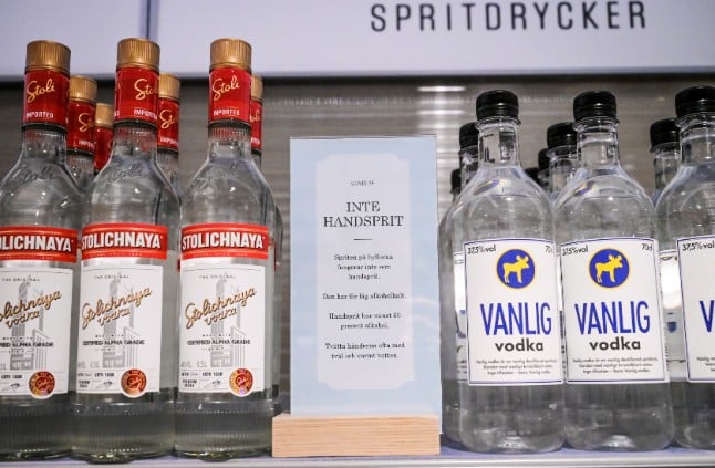 The Russian vodka brand Stolichnaya on sale in a branch of Systembolaget in Sweden. The vodka on the right is not from Russia.