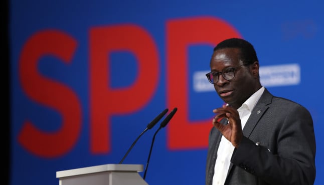 German MP Karamba Diaby speaks at the party conference of the SPD Saxony-Anhalt in Magdeburg in September 2021.