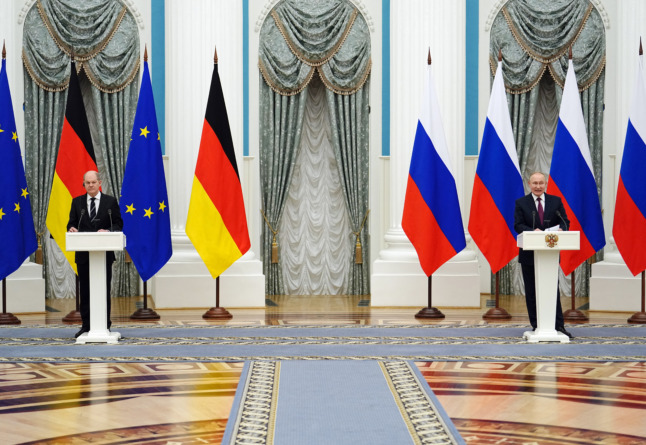 German Chancellor Olaf Scholz at a joint press conference with Russian President Vladimir Putin on Tuesday.