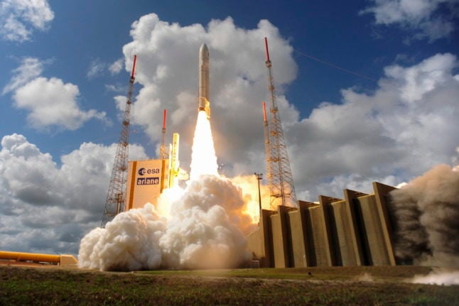 European Space Agency rocket Ariane launches from Europe's Spaceport in French Guiana.