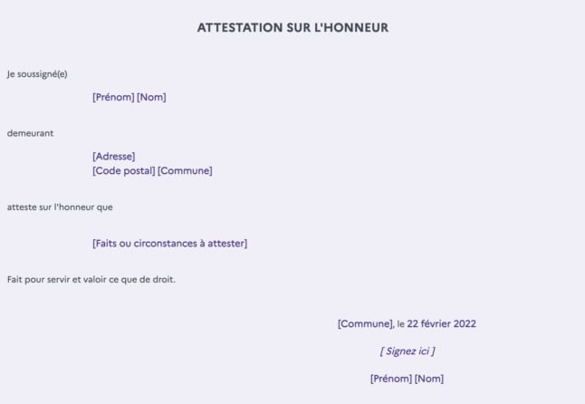 A French attestation sur l'honneur