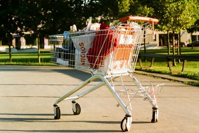 A shopping trolley full of stuff from Migros in Switzerland