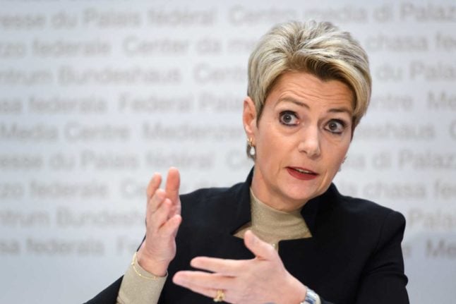 Swiss Justice Minister Karin Keller-Sutter attends a press conference on March 16, 2020 in Bern. Photo: FABRICE COFFRINI / AFP
