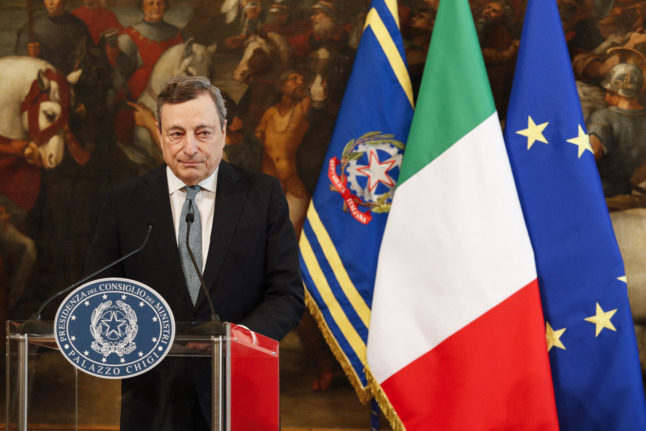 Italian Prime Minister Mario Draghi delivers a speech on the Ukraine situation in Rome's Palazzo Chigi on February 24, 2022, after Russia's ground forces invaded Ukraine from several directions.
