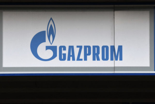 A photo shows the logo of German second division Bundesliga football club FC Schalke 04's main sponsor Russian gas company Gazprom at the Veltins-Arena stadium in Gelsenkirchen, western Germany, on February 25, 2022. - German football club Schalke 04 said on February 24, 2022 it would remove Russian gas company Gazprom as its main shirt sponsor following the invasion of Ukraine. (Photo by Ina FASSBENDER / AFP)