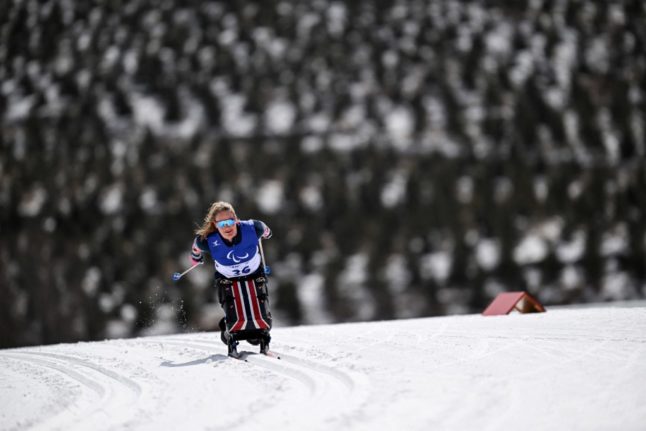 Norways Birgit Skarstein competes in the womens long distance sitting cross-country skiing event on March 6, 2022