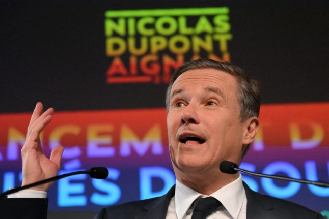 Right-wing French presidential candidate Nicolas Dupont-Aignan delivers a speech.