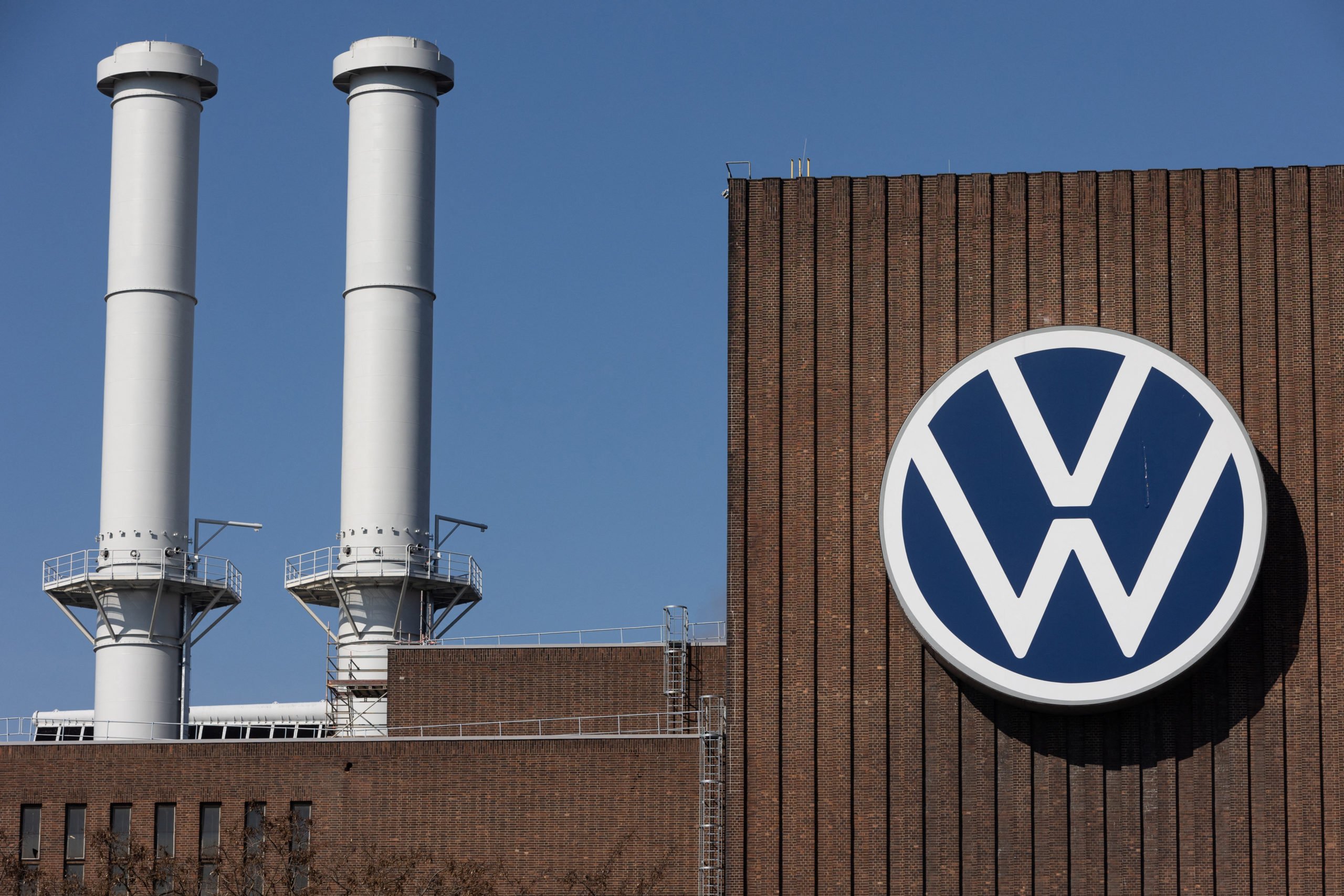 The logo of German carmaker Volkswagen (VW) is pictured on the main plant of the group in Wolfsburg, northern Germany.
