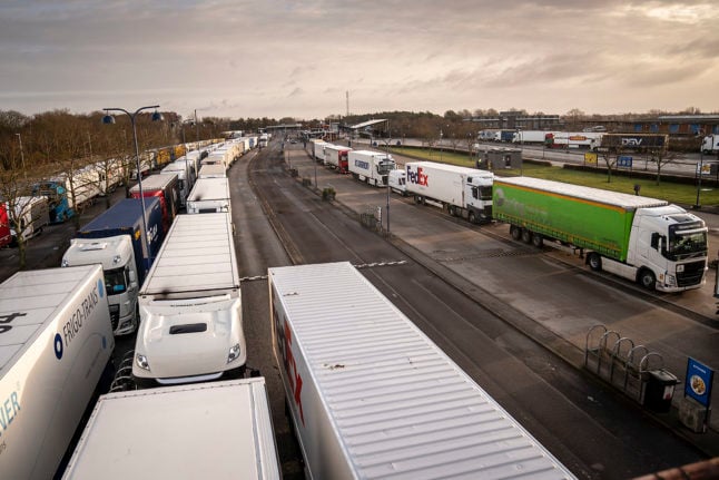 Trucks queue at the Danish ferry terminal at Rødby