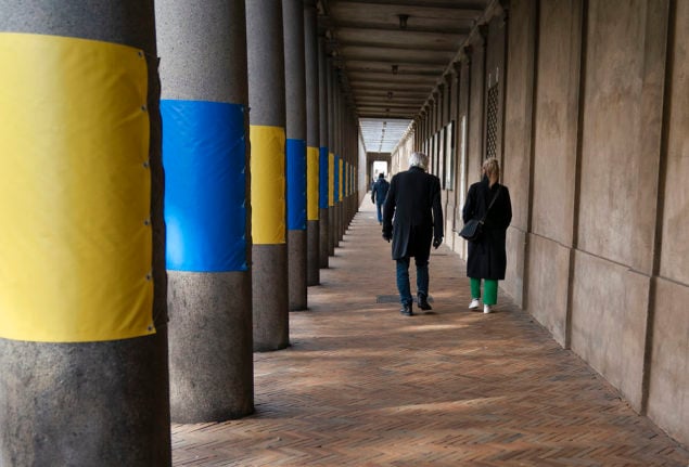 The colonnade of the National Museum dressed in yellow and blue in Copenhagen.