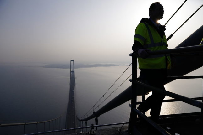 A view from the top of one of the pylons of Denmark's Great Belt Bridge