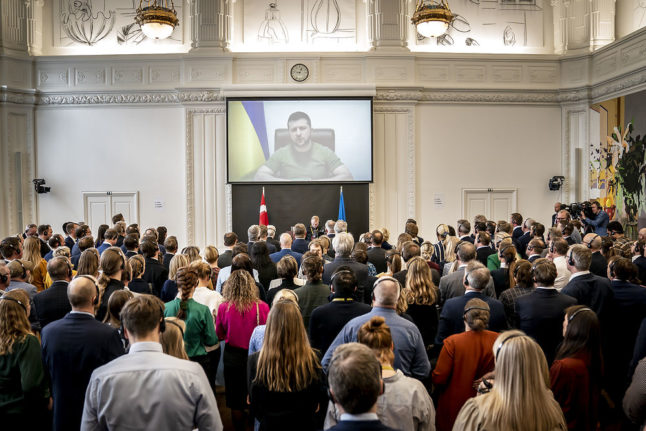 Ukrainian president Volodymyr Zelensky addresses Danish MPs
