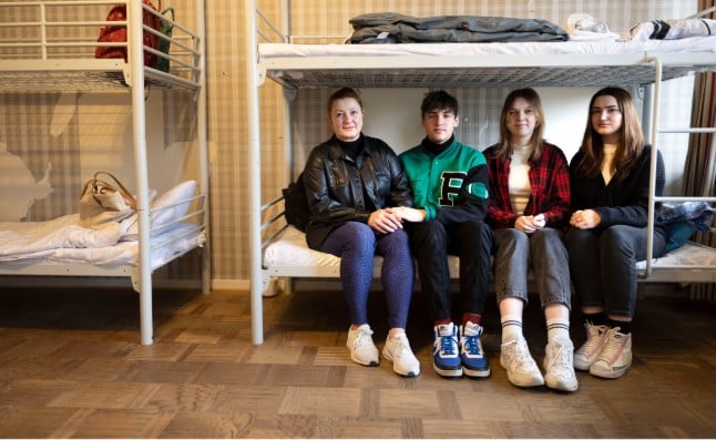 Ukrainian refugees in Malmö. Liudmila Mokhovyk (left) was visiting Sweden when Ukraine was invaded. Her son Oleg has travelled from Poland, while Viktoriia Hromiak and Olga Mokhovyk (right) have come to Sweden from Trenopil in Western Ukraine.