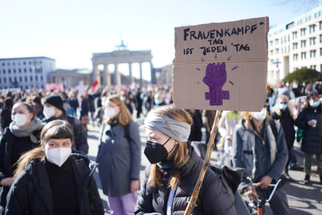 Campaigners hold a sign that says 'every day is women's day' at a Frauentag demo in Berlin in 2021. 