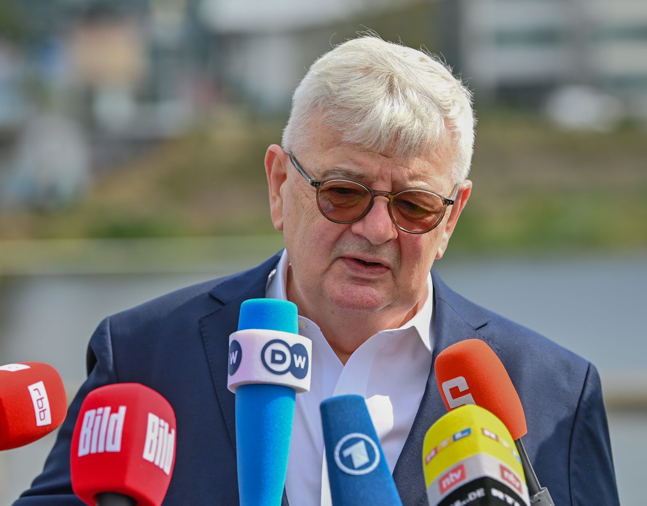 Joschka Fischer (Greens) former German Foreign Minister during an election campaign event in Frankfurt Oder in August 2021. 