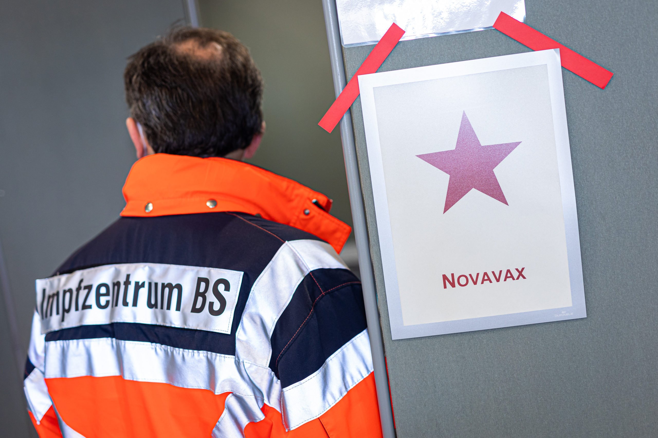 A sign for the Novavax vaccine at a Braunschweig vaccination centre. 