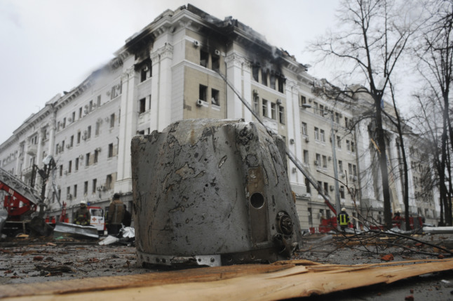 Part of a missile in front of the Ukrainian Security Service (SBU) building after an attack in Kharkiv, Ukraine's second largest city on March 2nd.