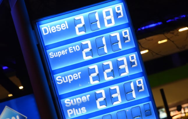 Diesel and petrol prices displayed at a petrol station in Munich Schwabing. 