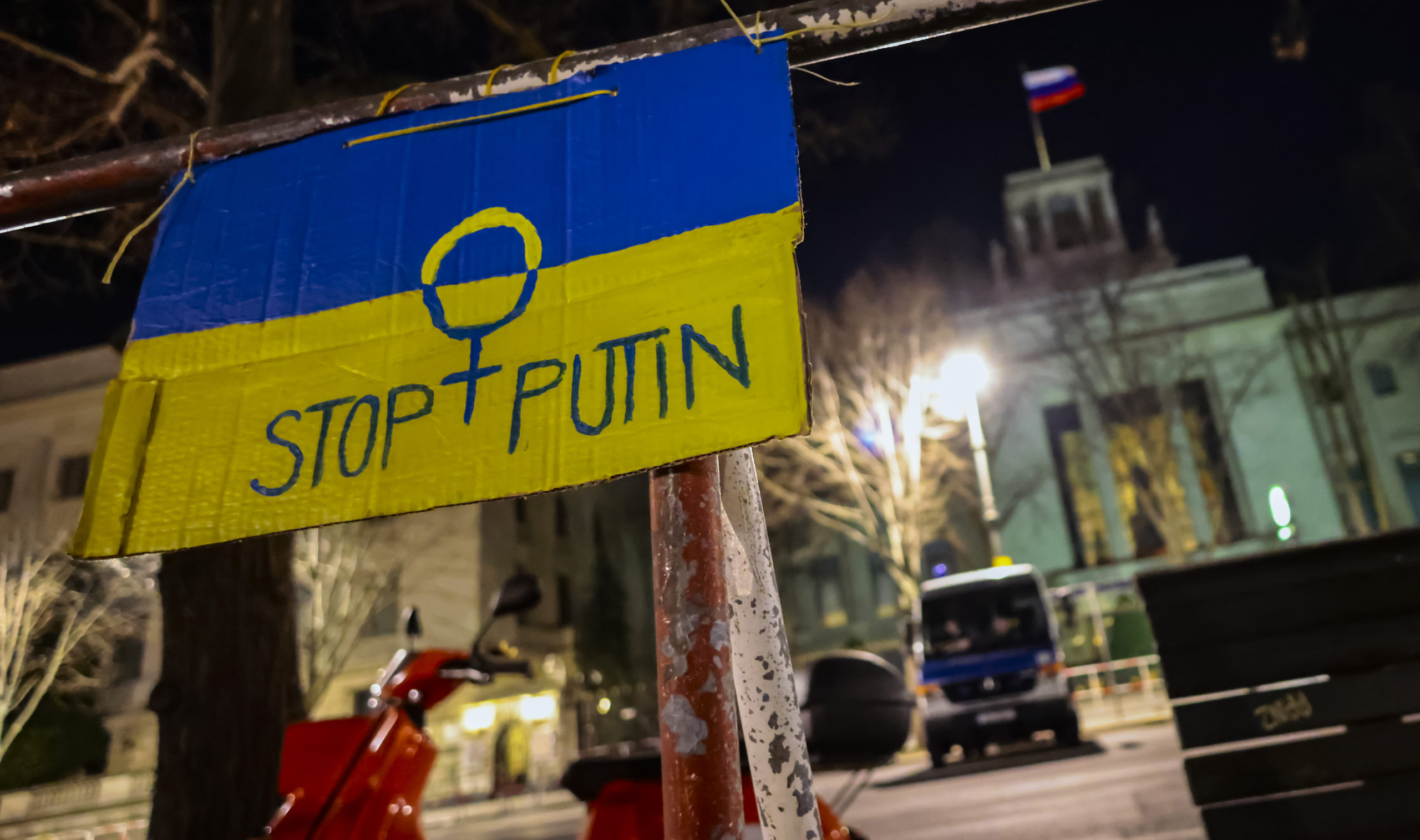 A 'stop Putin' sign near the Russian embassy in Berlin.