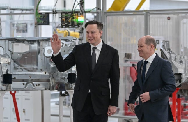 German Chancellor Olaf Scholz and Elon Musk, Tesla CEO, attend the opening of the Tesla factory in Berlin Brandenburg.