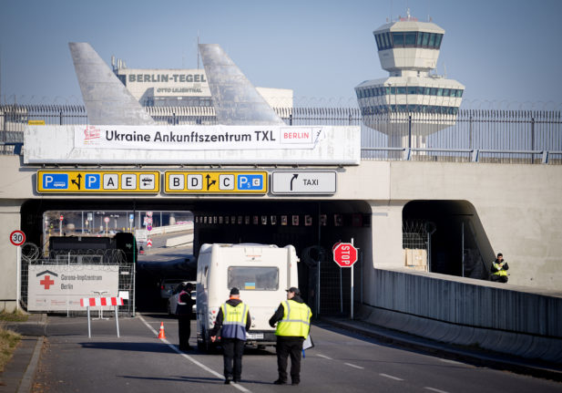 The Ukrainian arrival centre at Tegel Airport, Berlin