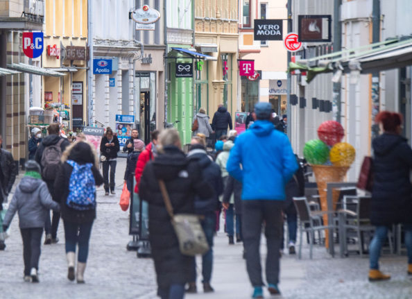 People walk in the centre of Stralsund, Mecklenburg-Western Pomerania.