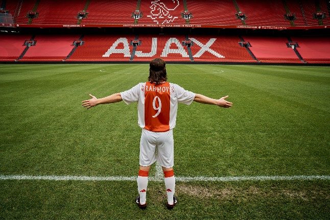 A still from the film shows the actor playing Zlatan Ibrahimovic facing the stalls at Ajax
