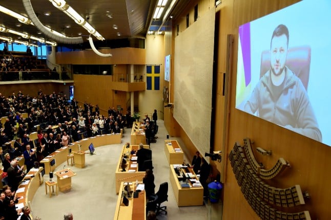Ukrainian President Volodymyr Zelensky speaking to the Swedish parliament on Thursday.