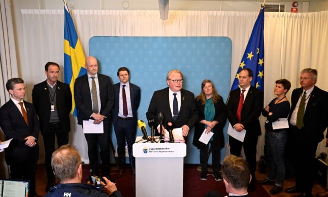Sweden's defence minister, Peter Hultqvist (centre) and defence spokespeople for the other parties, after the deal was struck: 