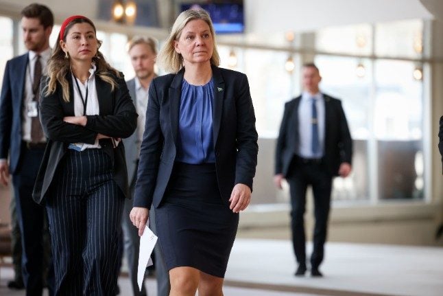 Sweden's Prime Minister Magdalena Anderson arrives for a press conference in Stockholm after returning from a special meeting of the European Council.