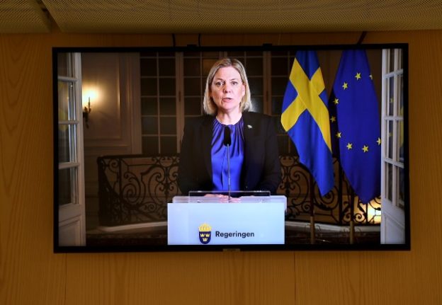 Sweden's Prime Minister Magdalena Andersson gives a televised speech on the situation in Ukraine.