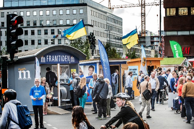 Valstugor, or election cabins, in Stockholm's Sergels Torg square during the 2014 election.