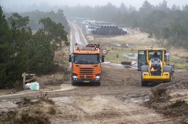Pipes for the Danish section of the Baltic Pipe gas pipeline are stacked at Houstrup Strand