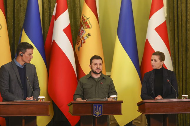 Spanish Prime Minister, Pedro Sanchez, his Danish counterpart Mette Frederiksen and Ukrainian President, Volodymyr Zelensky address a joint press conference in Kyiv