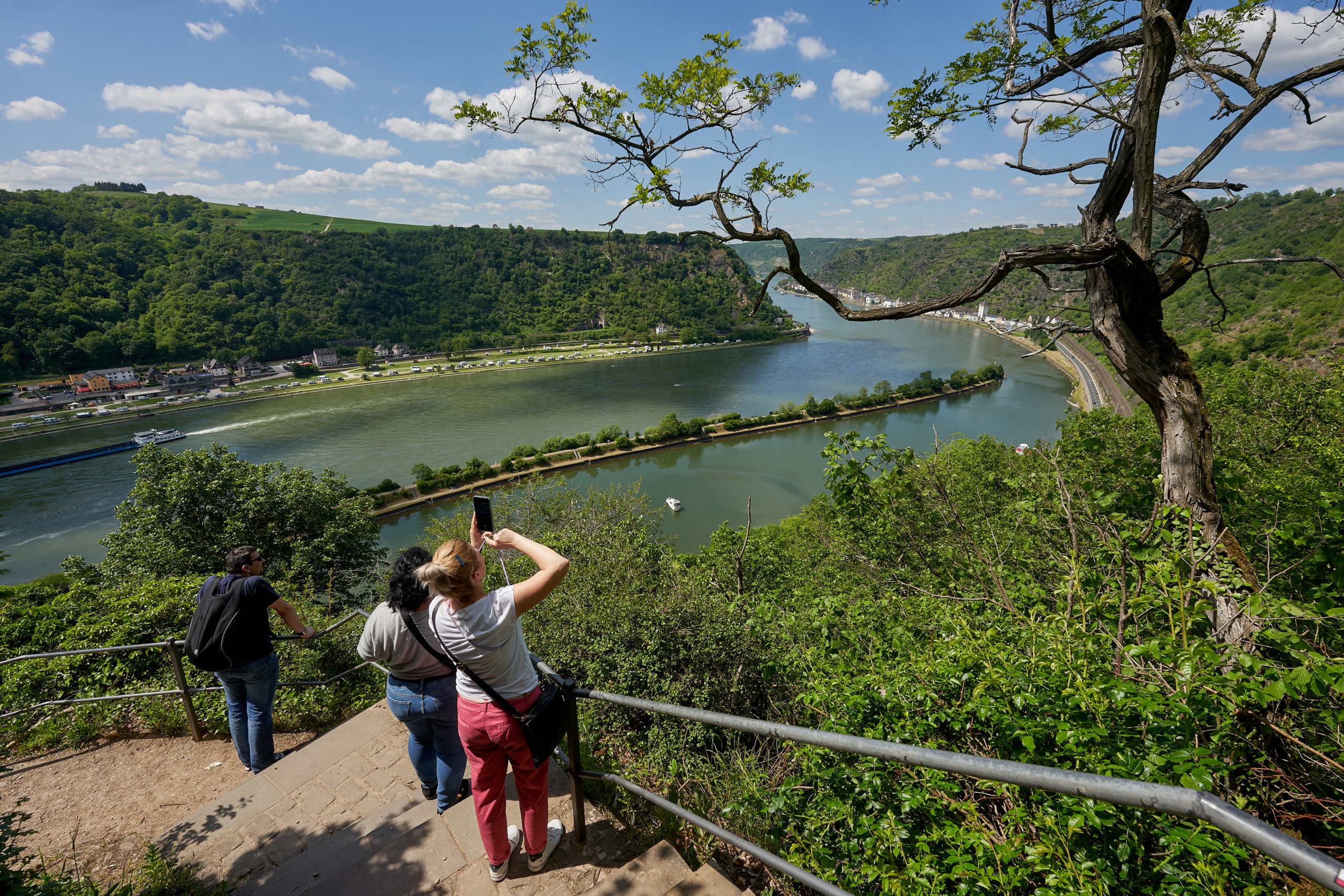Walkers stop to enjoy the view from the Loreley Plateau along the Rhine