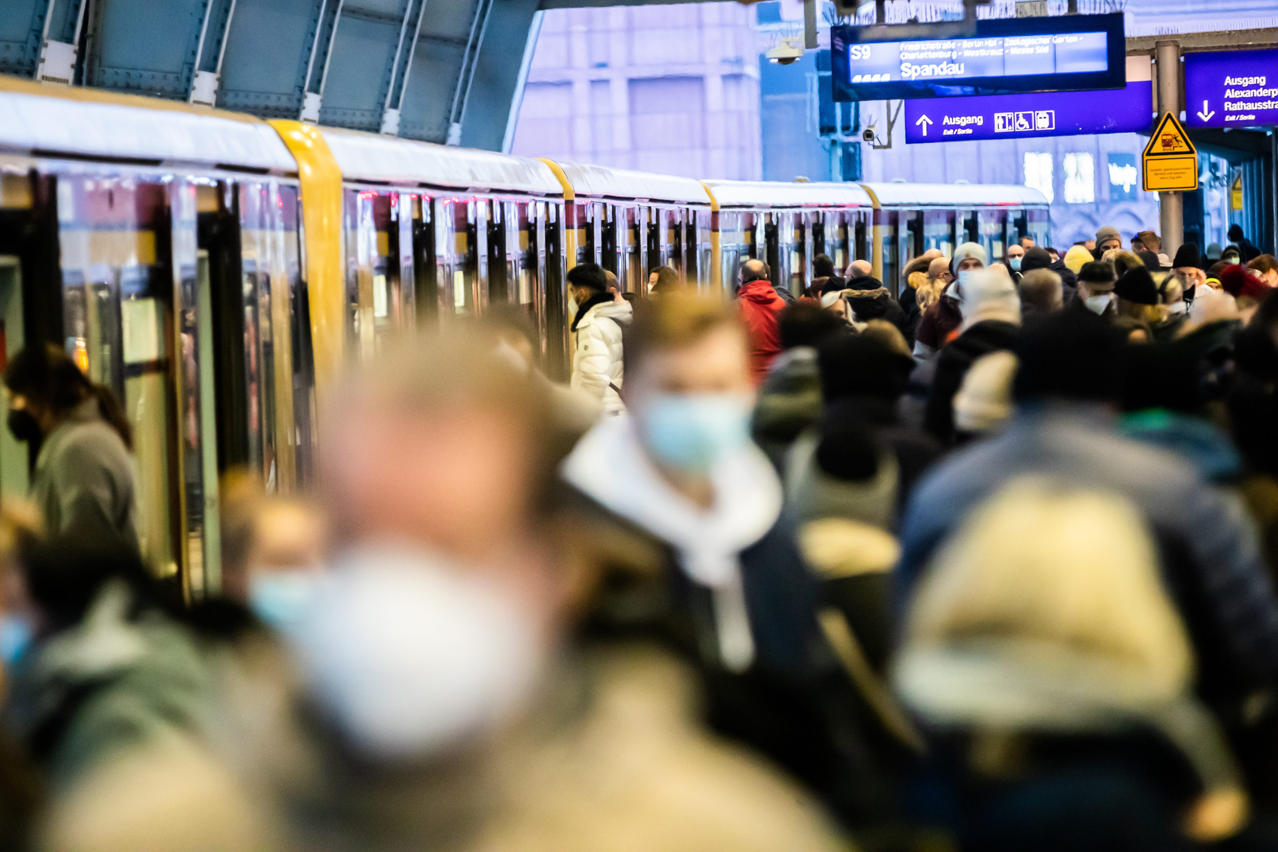 Transport users at Berlin's Alexanderplatz on February 11th 2021.