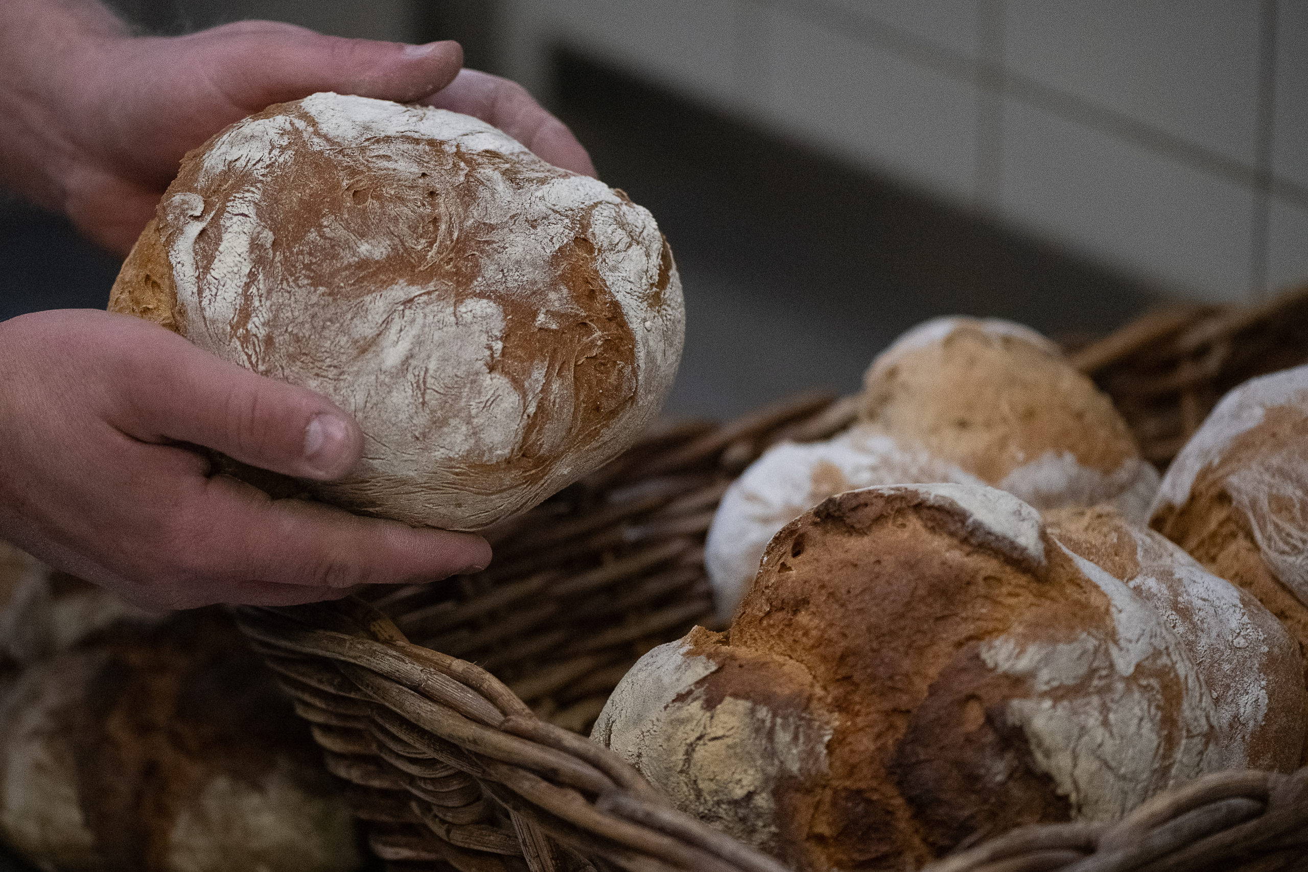 A baker holds a loaf of bread in the bakery of "Der Göttinger Feuerbäcker".