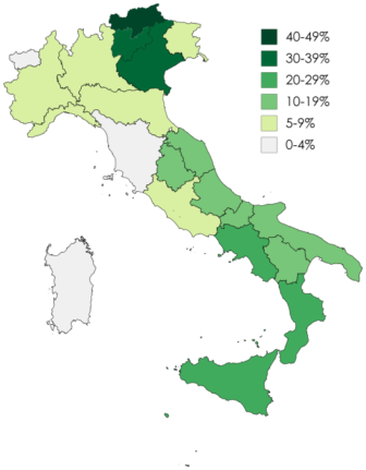 Dialect frequency in Italy. Screenshot from https://commons.wikimedia.org/wiki/File:Frequency_of_Dialect_Use_in_Italy_(2015).svg