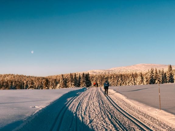 People cross-country skiing in Norway.