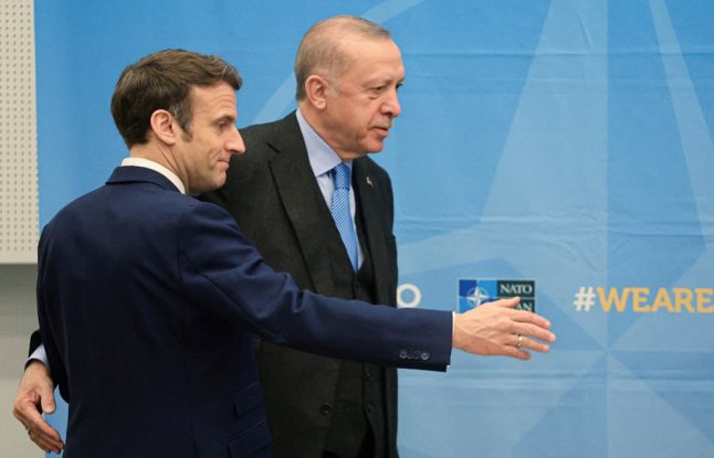France's President Emmanuel Macron and Turkish President Recep Tayyip Erdogan attend a bi-lateral meeting on the sidelines of a NATO summit at NATO Headquarters in Brussels on March 24th, 2022.