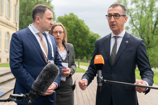 Germany's Minister of Food and Agriculture Cem Ozdemir (R) and Ukraine's Minister of Agrarian Policy and Food Mykola Solskyi (L) give a press statement in front of Schloss Hohenheim palace, venue of the G7 Agriculture ministers' meeting in Stuttgart, southern Germany, on May 13th.
