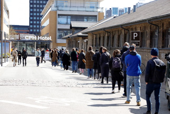 People queue for Covid-19 testing in Denmark in spring 2021