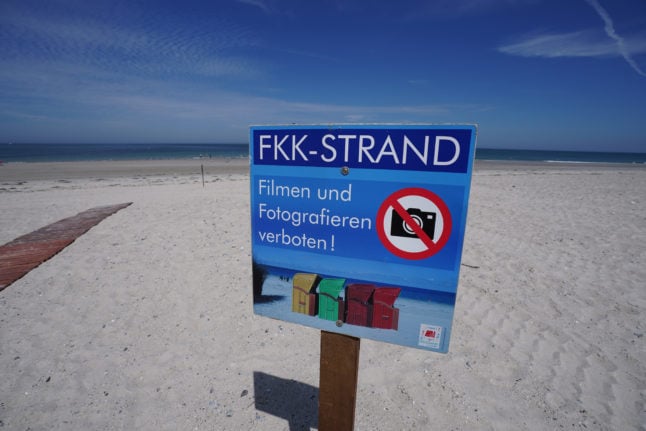A sign for an 'FKK' beach in Helgoland, Schleswig-Holstein